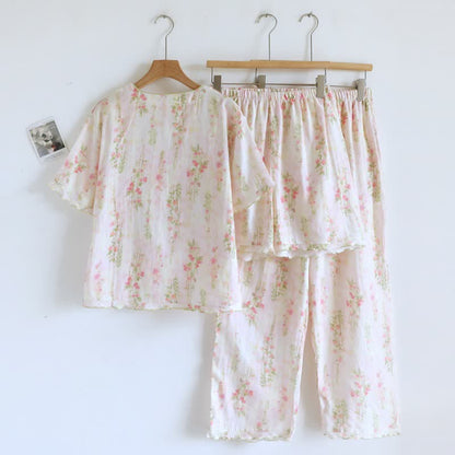 Ensemble pyjama romantique en coton rose avec col en V (3 pièces) - image 2
