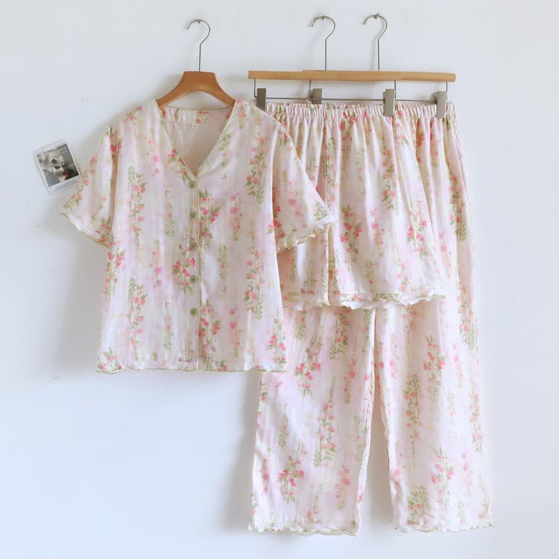 Ensemble pyjama romantique en coton rose avec col en V (3 pièces) - Beige - XL - image 0