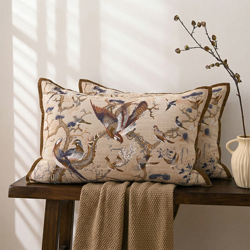 Taies d'oreiller à motif jacquard oiseau de paradis (2 pièces) - Marron et bleu - 80 cm x 54 cm - image 0