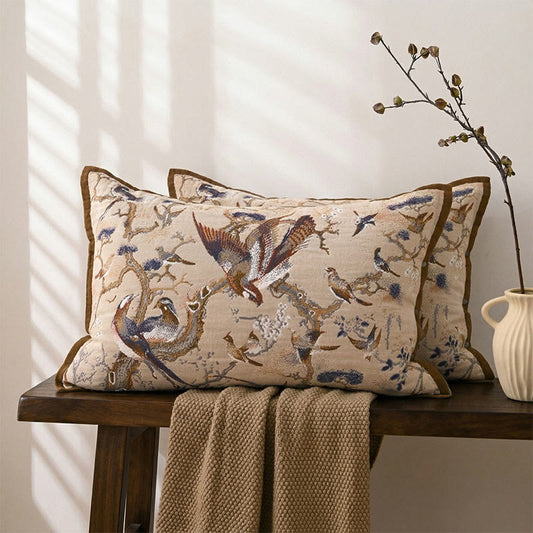 Taies d'oreiller à motif jacquard oiseau de paradis (2 pièces) - Marron et bleu - 80 cm x 54 cm - image 0