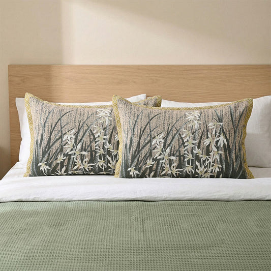 Taies d'oreiller en coton à motif d'orchidées et boutons (2 pièces) - Vert et jaune - 80 cm x 54 cm - image 0
