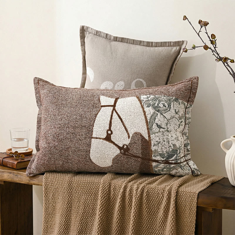 Taies d'oreiller en coton à boutons jacquard à motif de chevaux (2 pièces) - Marron et beige - 80 cm x 54 cm - image 0