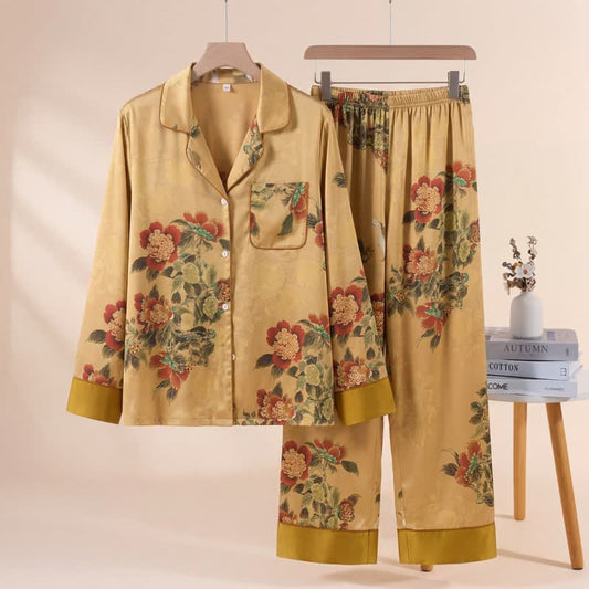 Ensemble de pyjama luxueux à motifs floraux et de feuilles vertes - Jaune - XL - image 0
