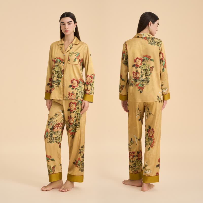 Ensemble de pyjama luxueux à motifs floraux et de feuilles vertes - image 1