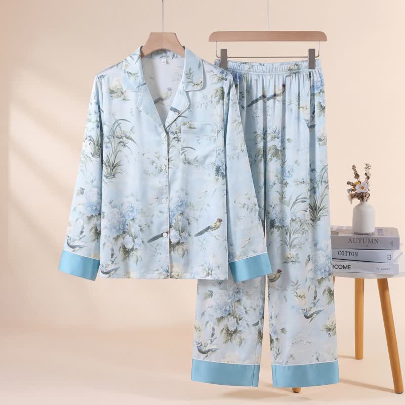 Ensemble pyjama élégant à motifs floraux et d'oiseaux - Bleu - XL - image 0