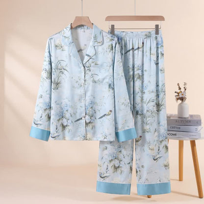 Ensemble pyjama élégant à motifs floraux et d'oiseaux - Bleu - XL - image 0