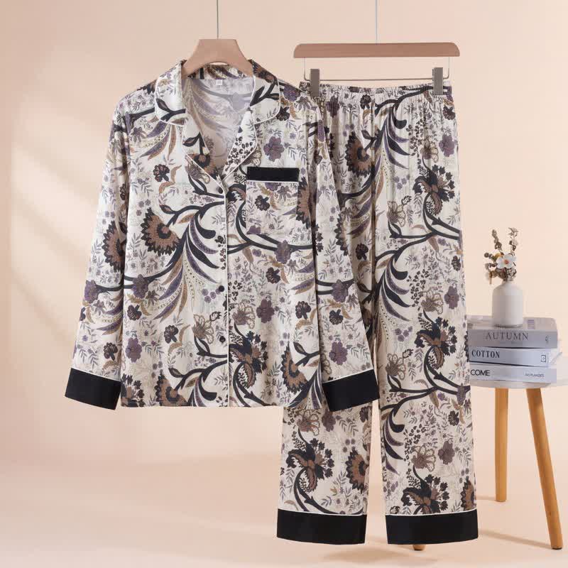 Ensemble pyjama vintage à motifs de vigne et de fleurs - Noir - XL - image 0
