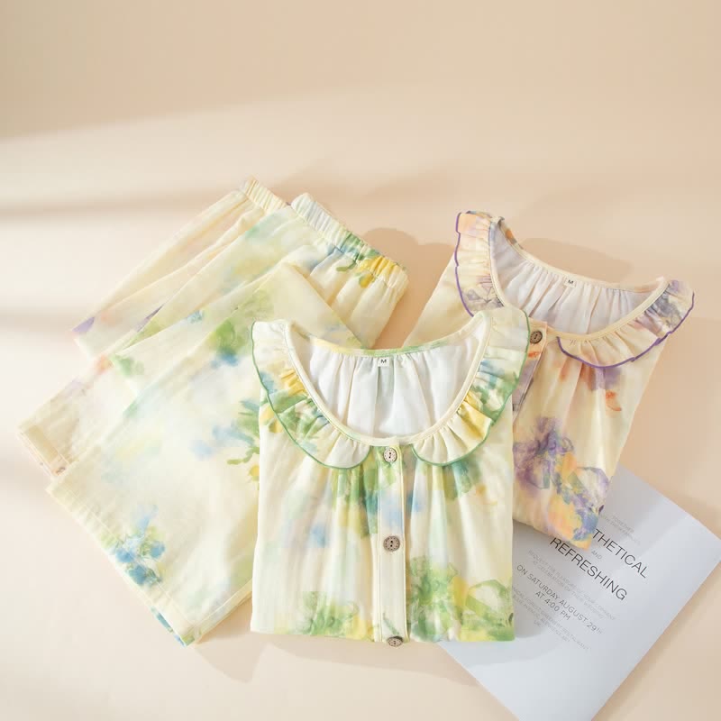 Ensemble pyjama en gaze de coton à motifs floraux et volants - image 1