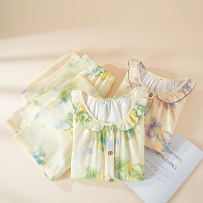 Ensemble pyjama en gaze de coton à motifs floraux et volants - image 1
