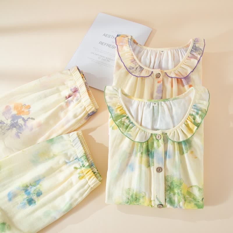 Ensemble pyjama en gaze de coton à motifs floraux et volants - image 2