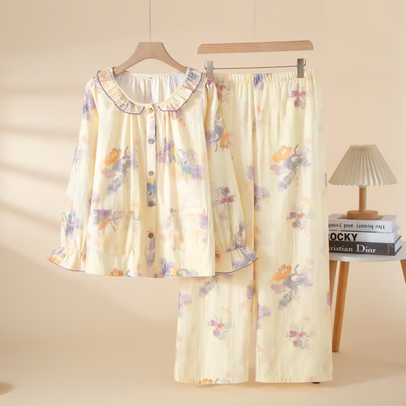 Ensemble pyjama en gaze de coton à motifs floraux et volants - Violet - XL - image 3