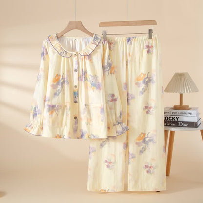 Ensemble pyjama en gaze de coton à motifs floraux et volants - Violet - XL - image 3