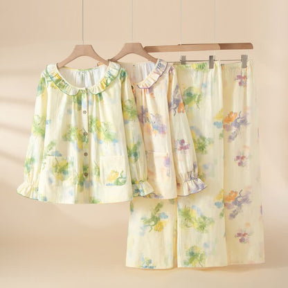 Ensemble pyjama en gaze de coton à motifs floraux et volants - image 0
