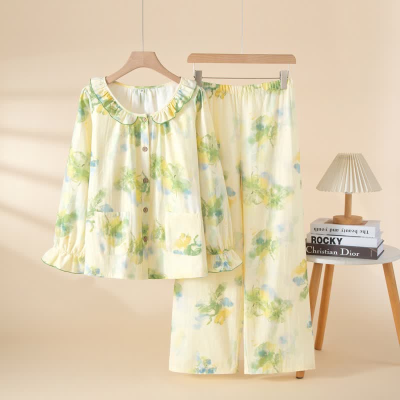 Ensemble pyjama en gaze de coton à motifs floraux et volants - Vert - XL - image 4