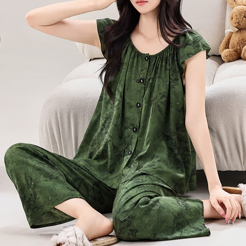 Ensemble de détente vert à motifs floraux et manches à volants - image 1