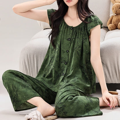 Ensemble de détente vert à motifs floraux et manches à volants - image 1