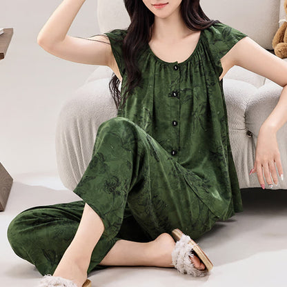Ensemble de détente vert à motifs floraux et manches à volants - image 2
