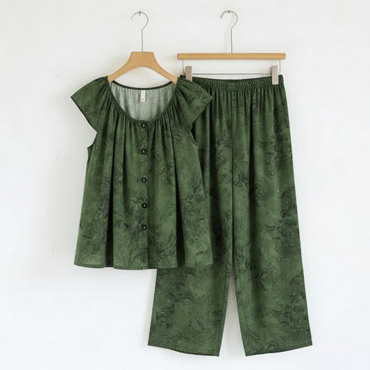 Ensemble de détente vert à motifs floraux et manches à volants - Vert - XXL - image 0