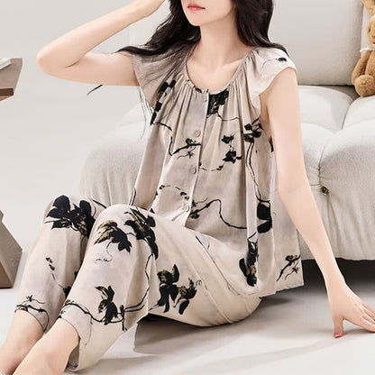 Ensemble de vêtements d'intérieur élégant style encre à motif floral - Beige - XXL - image 1