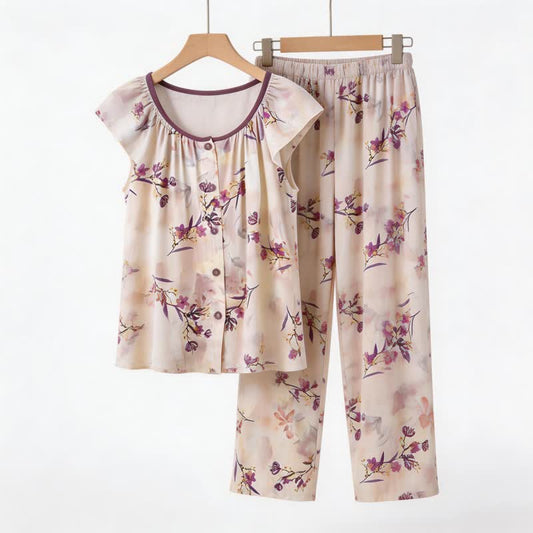 Ensemble de vêtements d'intérieur à patte de boutonnage à motif de fleurs de pêcher - Beige - 2XL - image 0