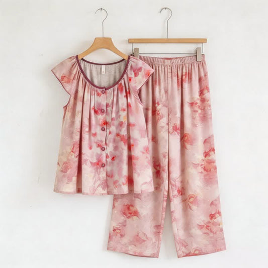 Ensemble de vêtements d'intérieur roses à motif floral et patte de boutonnage - Rose - 2XL - image 0