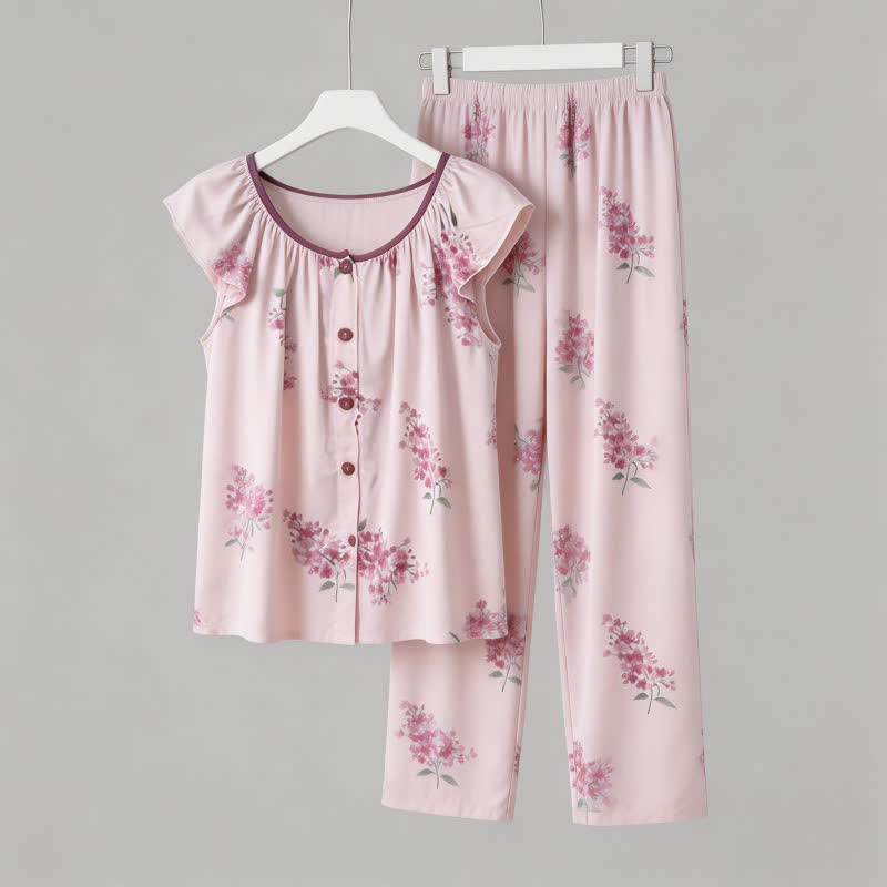 Pyjama à motifs floraux, manches flottantes et patte de boutonnage - image 3
