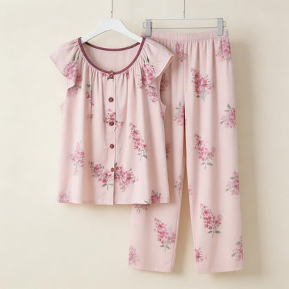 Pyjama à motifs floraux, manches flottantes et patte de boutonnage - Rose - 2XL - image 0