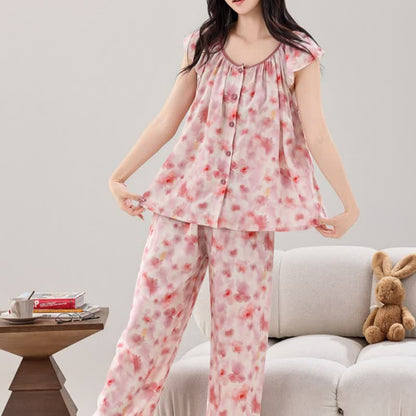 Ensemble de vêtements d'intérieur roses à motif floral et patte de boutonnage - image 3