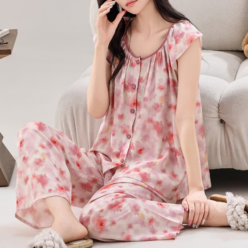 Ensemble de vêtements d'intérieur roses à motif floral et patte de boutonnage - image 2