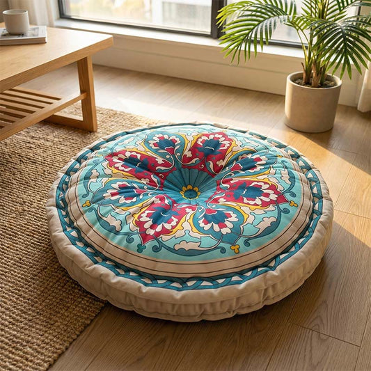 Coussin mandala de style bohème avec motif de lotus des neiges - Vert et bleu - 45 cm x 45 cm x 8 cm - image 0