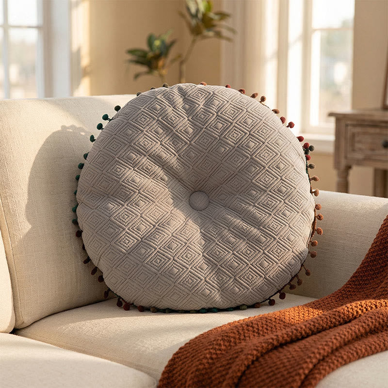 Coussin décoratif rond, cousu à la main, avec boutons - Gris - 40 cm x 40 cm - image 2