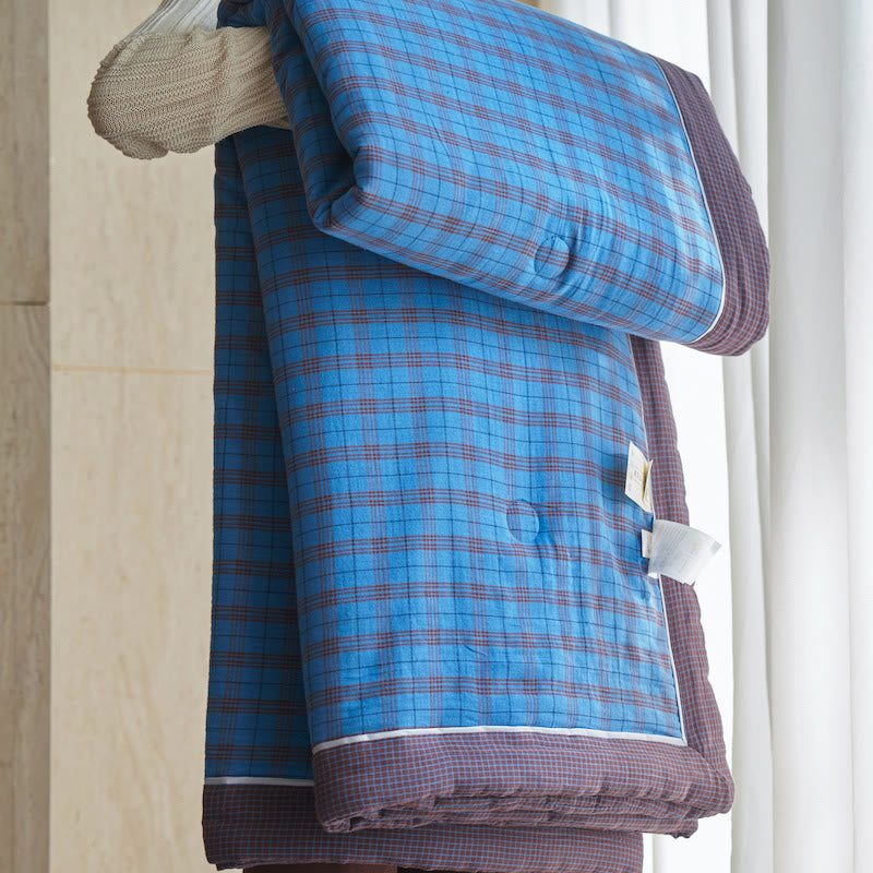 Ensemble de courtepointe à carreaux Vichy en pur coton - bleu foncé - Couvertures - roi - image 11
