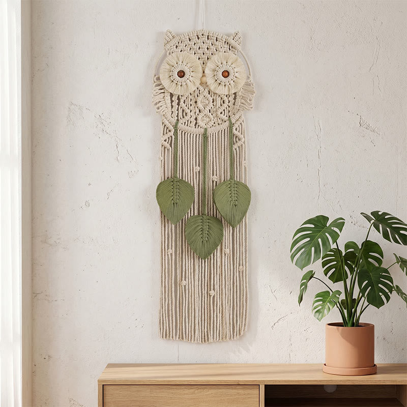 tenture murale hibou en macramé faite main - Beige - 76 cm x 25 cm - image 0
