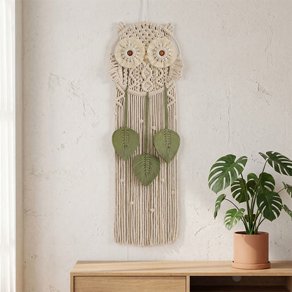 tenture murale hibou en macramé faite main - Beige - 76 cm x 25 cm - image 0