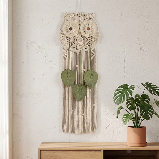 tenture murale hibou en macramé faite main - Beige - 76 cm x 25 cm - image 0