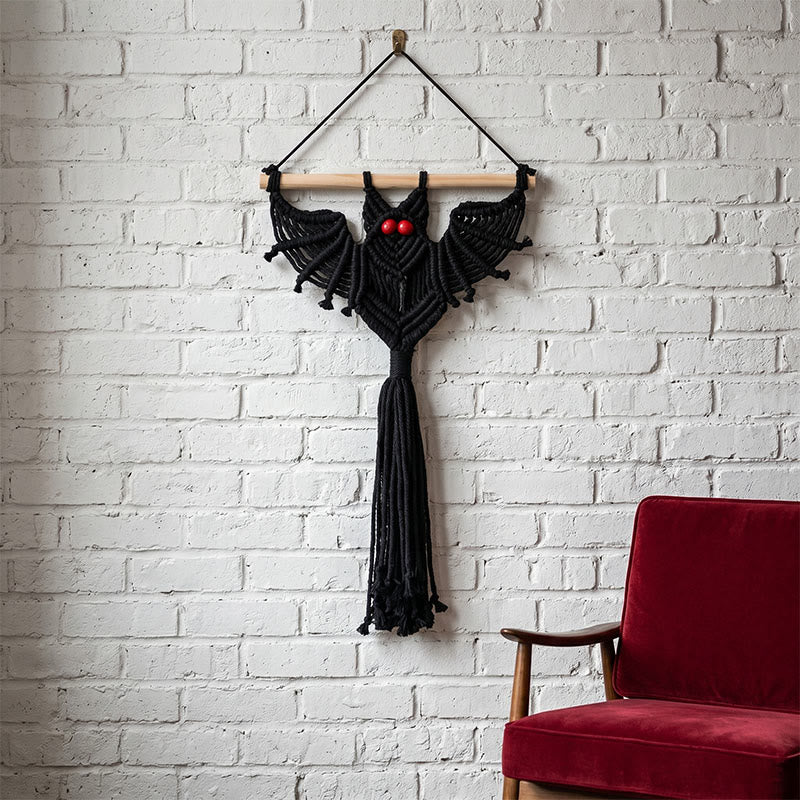 tenture murale gothique en macramé avec pompons et chauve-souris - Noir - 30 cm x 46 cm - image 0