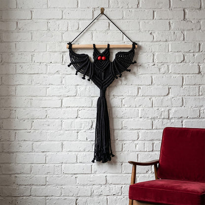 tenture murale gothique en macramé avec pompons et chauve-souris - Noir - 30 cm x 46 cm - image 0