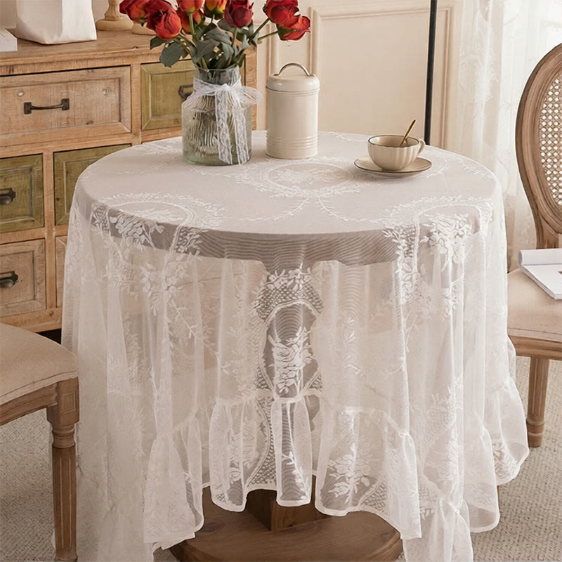 Nappe romantique à dentelle florale et bordure à volants - 150 cm x 300 cm - rectangle - Blanc - image 0