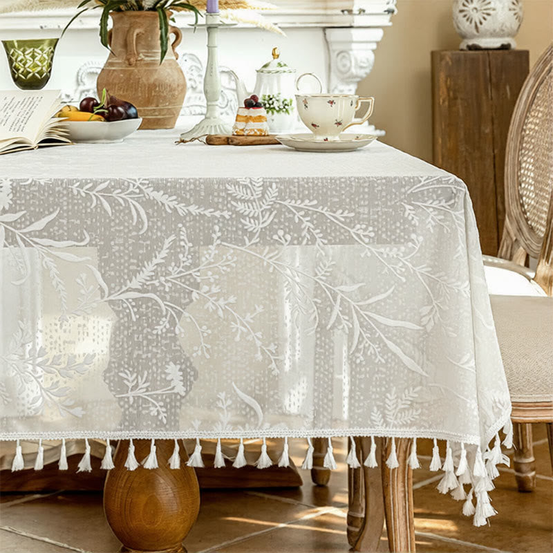 Nappe romantique à motif floral, dentelle de feuilles et pompons - 140 cm x 260 cm - Blanc - image 0