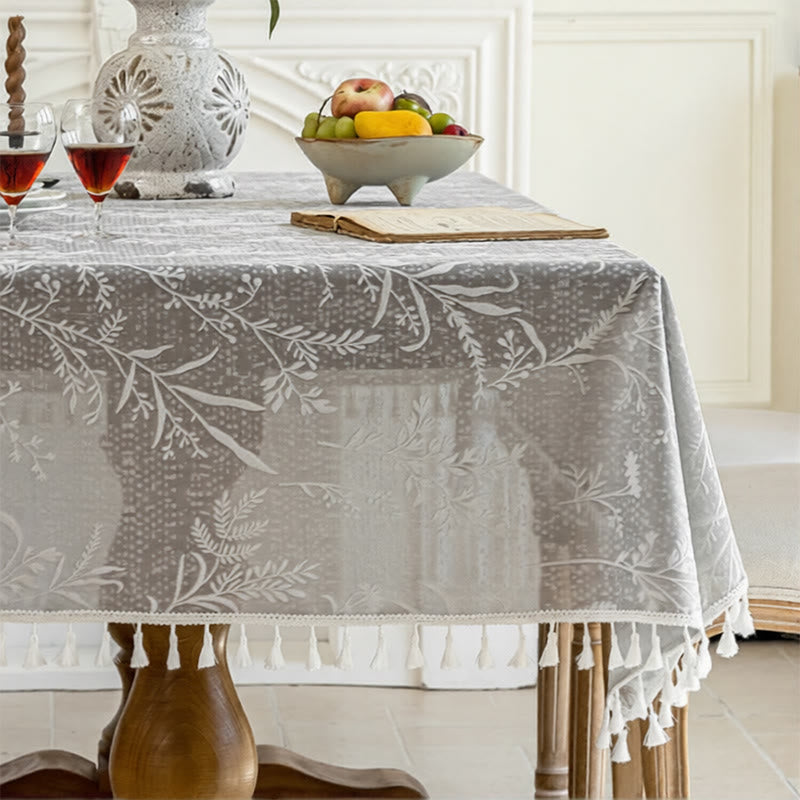 Nappe romantique à motif floral, dentelle de feuilles et pompons - 140 cm x 260 cm - Gris - image 6