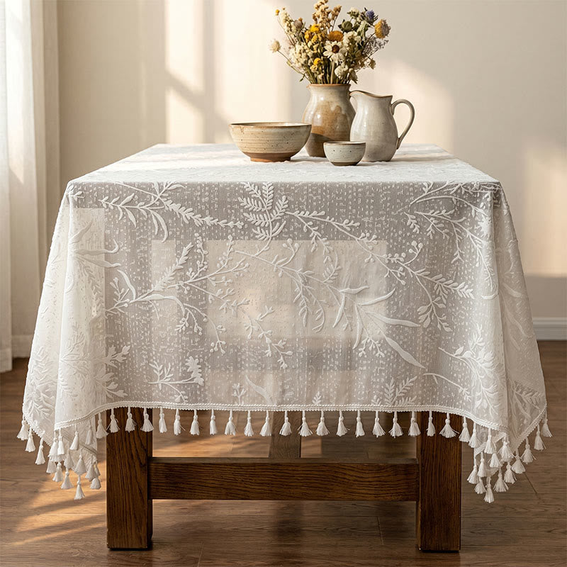 Nappe romantique à motif floral, dentelle de feuilles et pompons - image 2