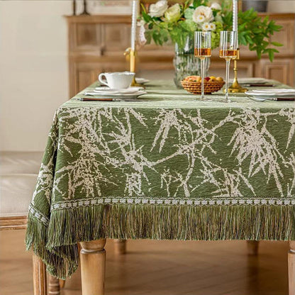 Nappe vintage en jacquard de bambou avec pompons - 112" - Rond - Vert - image 0