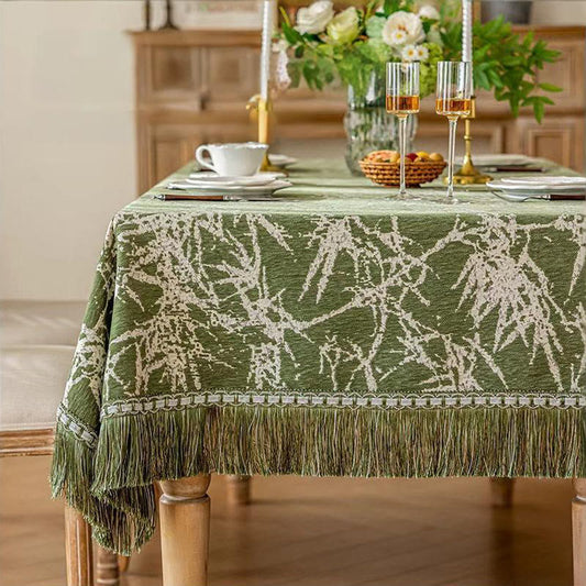 Nappe vintage en jacquard de bambou avec pompons - 112" - Rond - Vert - image 0
