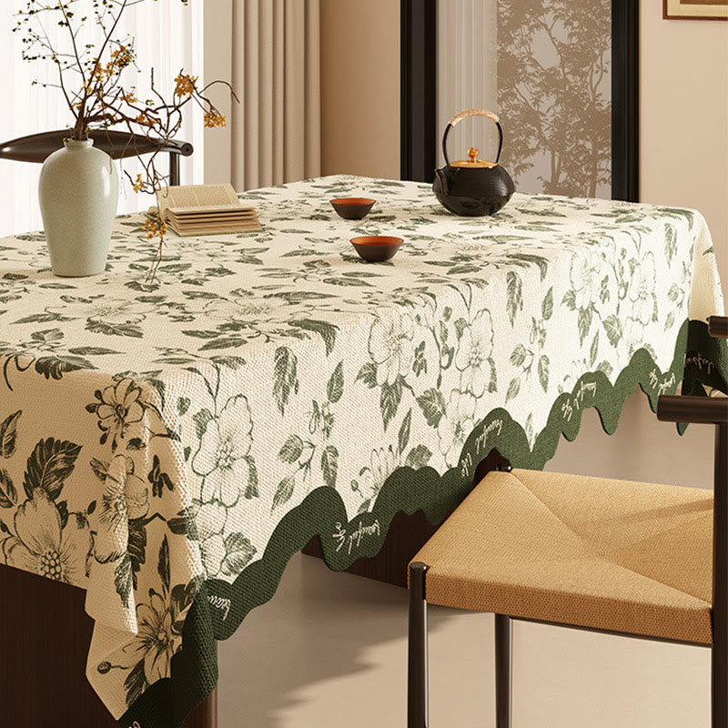 Nappe vintage en lin et coton vert à motif floral - 140 cm x 220 cm - rectangle - image 0