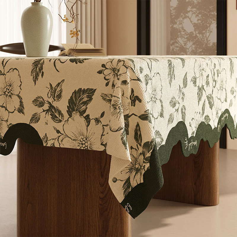 Nappe vintage en lin et coton vert à motif floral - image 2