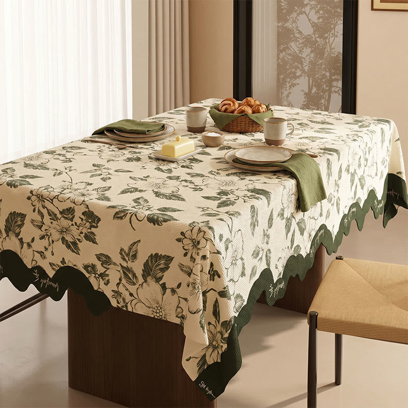 Nappe vintage en lin et coton vert à motif floral - image 1