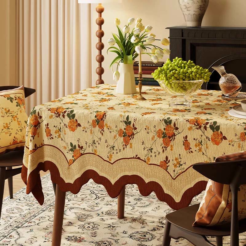 Nappe vintage en coton et lin à motif de roses mensuelles - 140 cm x 220 cm - rectangle - image 0