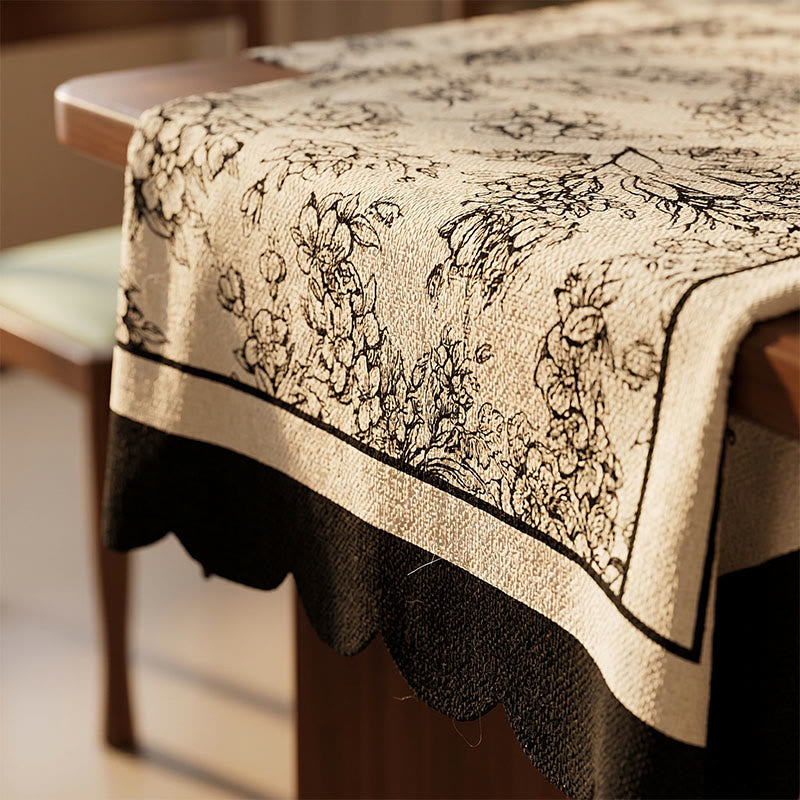 Nappe en coton et lin noir à motif floral - image 1