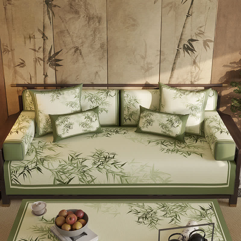 Housse de canapé de style vintage avec feuille de bambou verte - protège-canapé - 110 cm x 280 cm - image 0