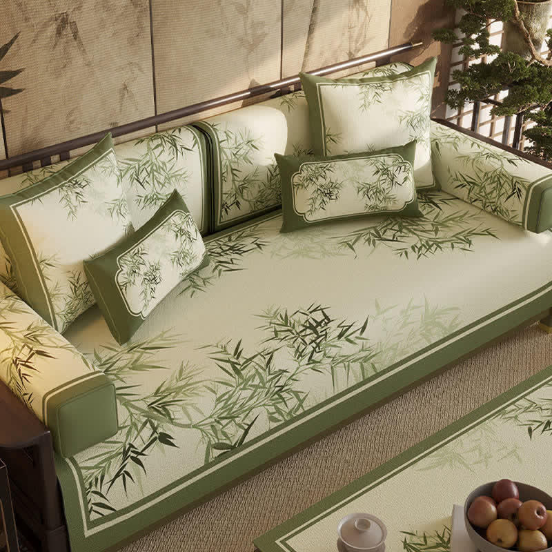 Housse de canapé de style vintage avec feuille de bambou verte - image 1